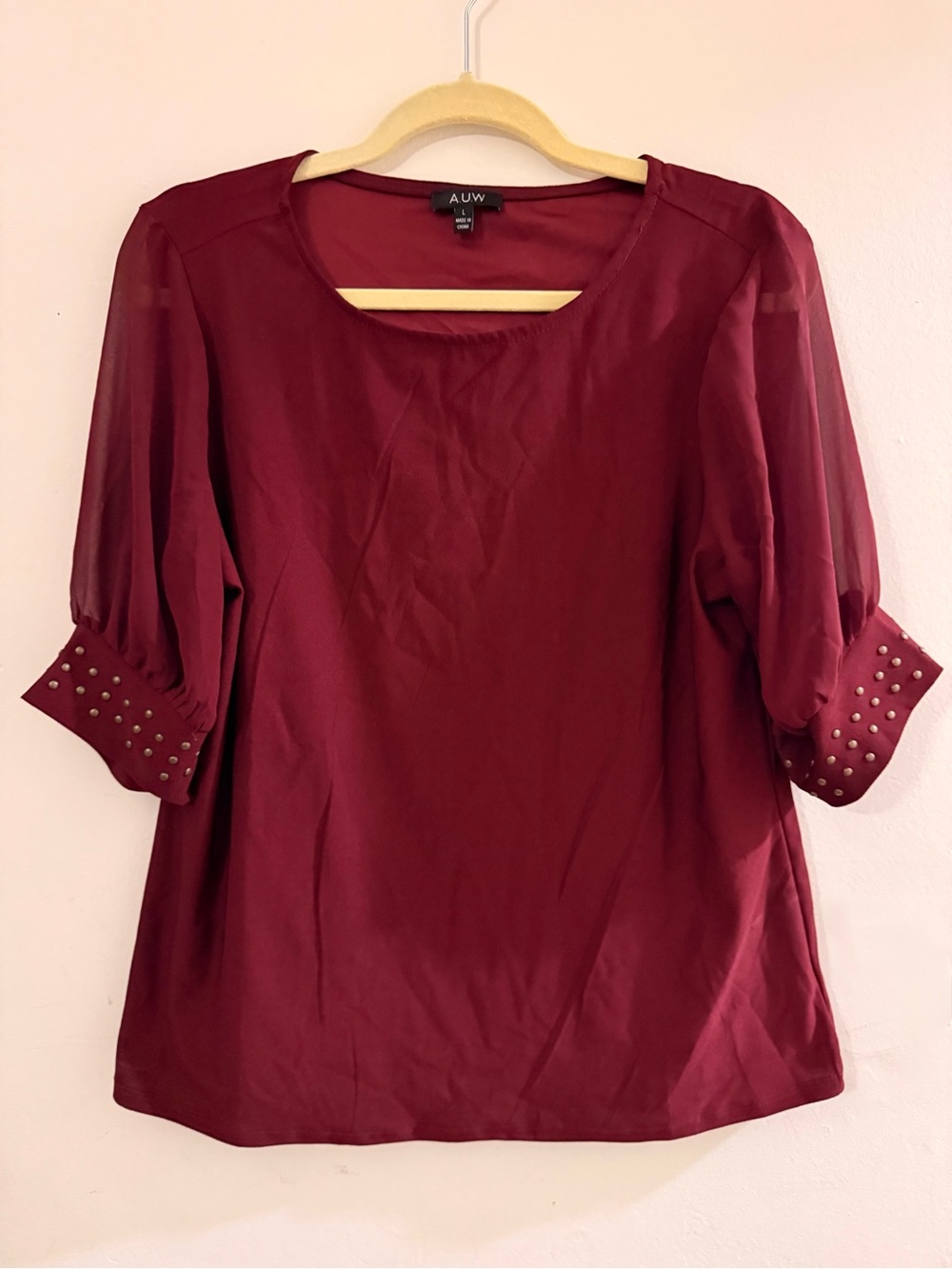 AUW Women's Burgundy Stud-Sleeve Blouse